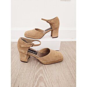 Fashion Bug Y2K 90s Platform Chunky Heels 9 Tan Suede Leather Shoes Vintage
